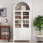 Tall Arched Cabinet with Glass Doors, Wood Kitchen Pantry & Arch Bookcase with 2 Large Drawers & Adjustable Shelves/Golden Handles for Kitchen Dining Room Living Room (White)