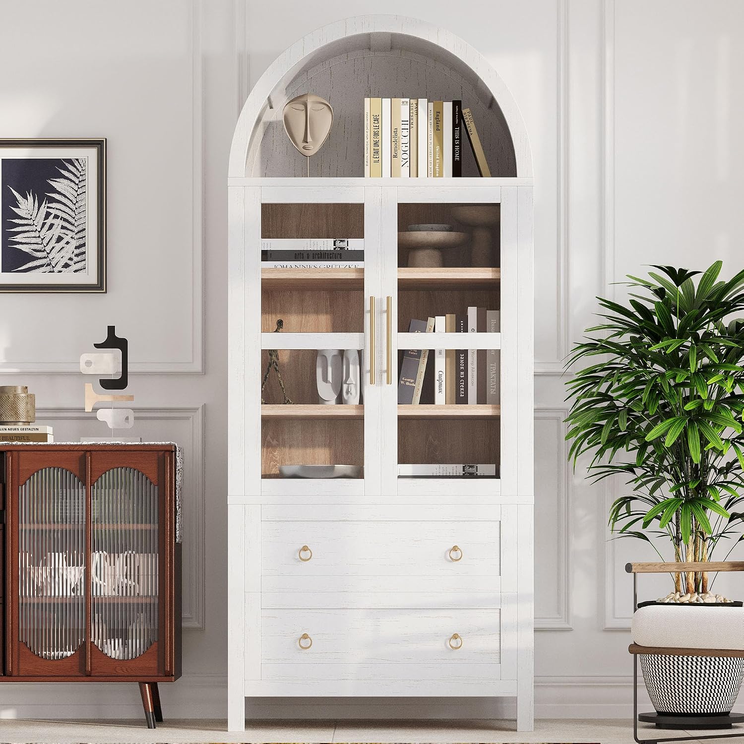 Tall Arched Cabinet with Glass Doors, Wood Kitchen Pantry & Arch Bookcase with 2 Large Drawers & Adjustable Shelves/Golden Handles for Kitchen Dining Room Living Room (White)