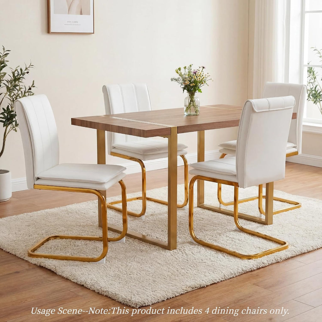 Meihua Dining Chairs Set of 4, PU Leather Modern Chairs with High Back and Metal Frame, Ergonomic Dining Room Chairs for Home, Office and Restaurant, White and Gold