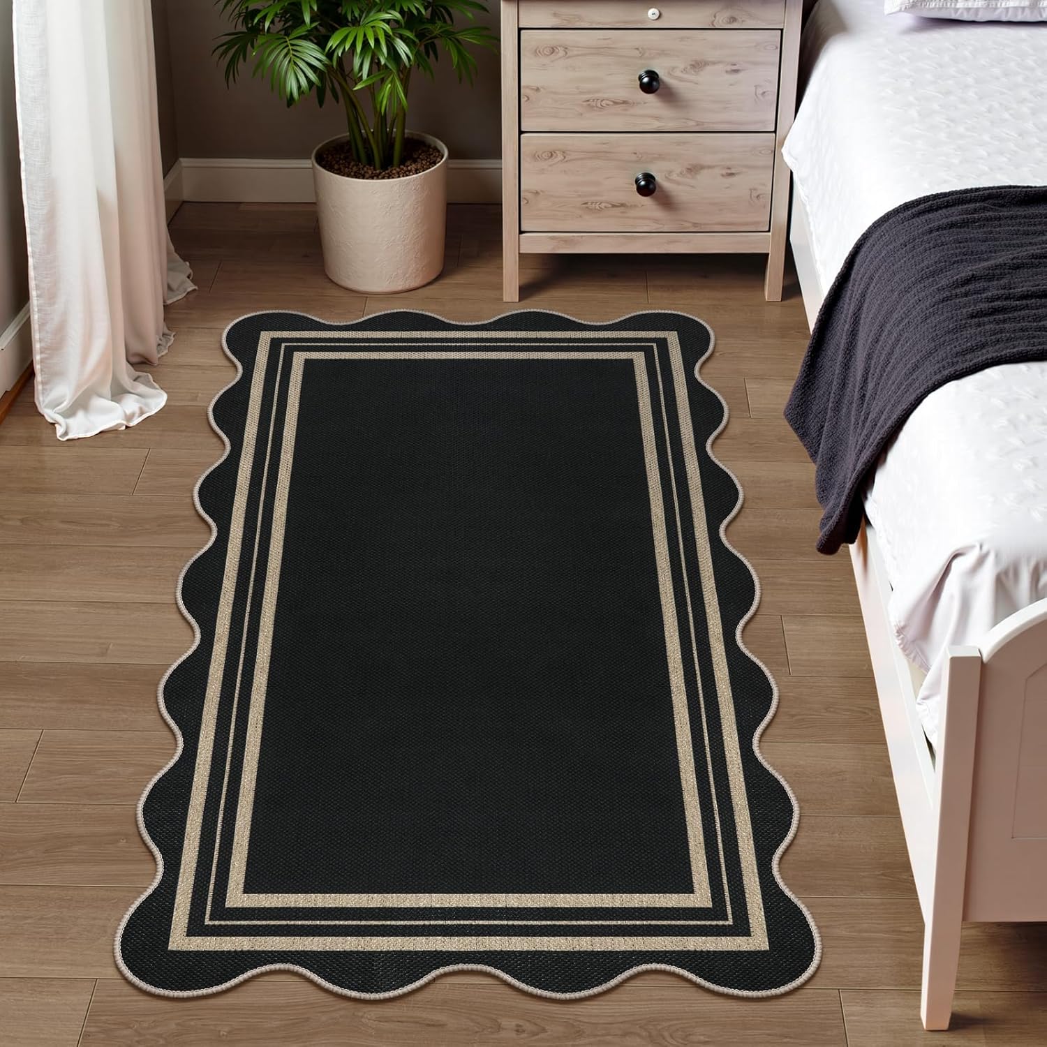 Scalloped Easy Jute 3x5 Outdoor Rug, Washable Rugs for Entryway Black Front Door Mat, Farmhouse Neutral Non Slip Indoor Carpet for Patio Living Room Backyard