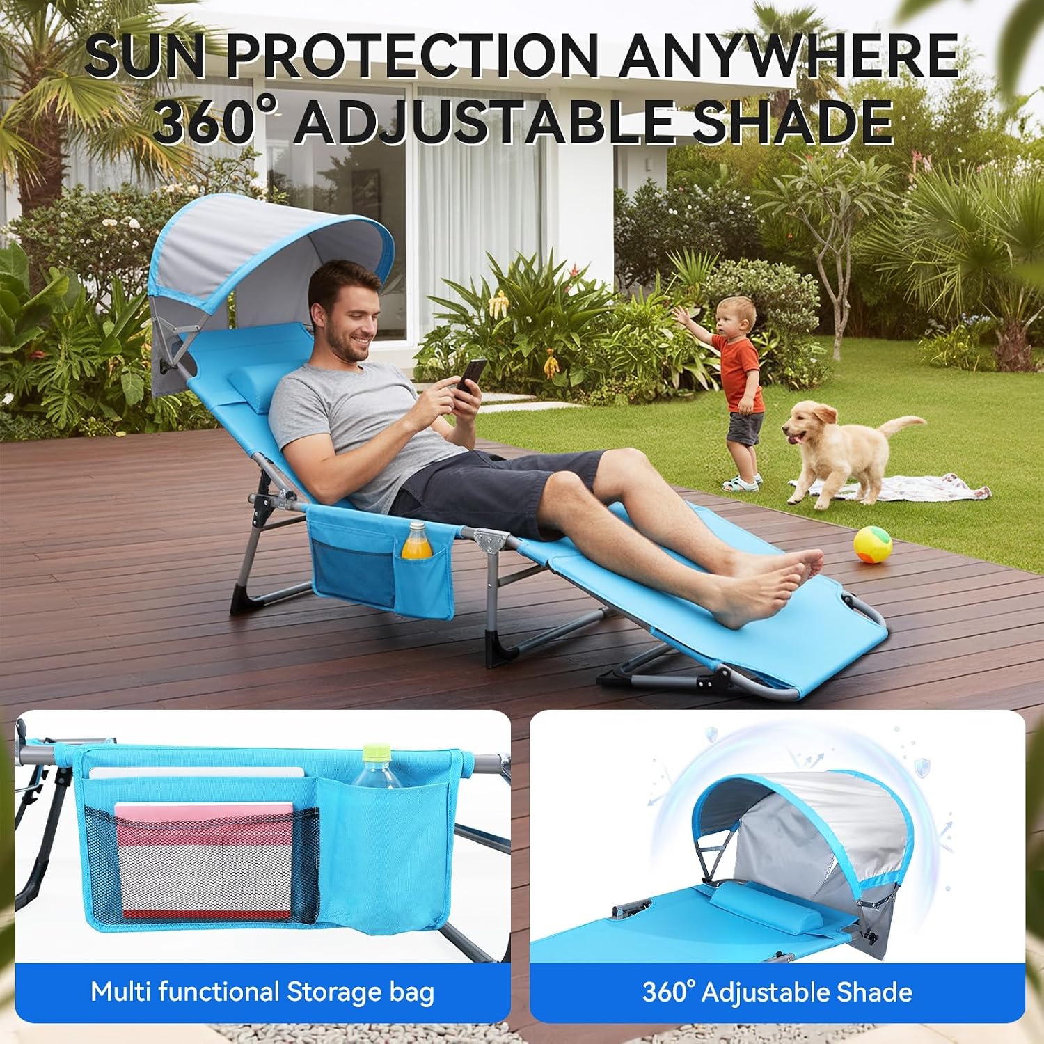 27 Inch Oversized Folding Tanning Chair with Canopy & Face Hole, Portable Face Down Lounge Chair with Pillow, 3-Position Adjustable Patio Chaise for Beach, Pool, Lawn Blue 1