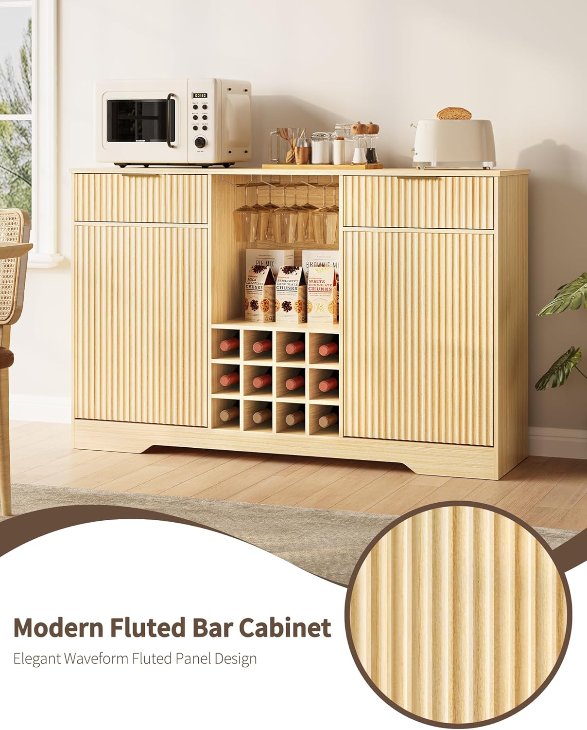 55" Fluted Wine Bar Cabinet - Coffee Bar Cabinets for Home with Storage, 2 Door & 2 Drawer Buffet Sideboard with Liquor Rack and Glass Holder, Alcohol Indoor Bars for Living Room, Kitchen