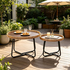 Small Round Nesting Coffee Table Set of 2, Woven Nesting Side Tables with Metal Frame, Modern Circle End Tables for Living Room Bedroom Office Balcony Outdoor