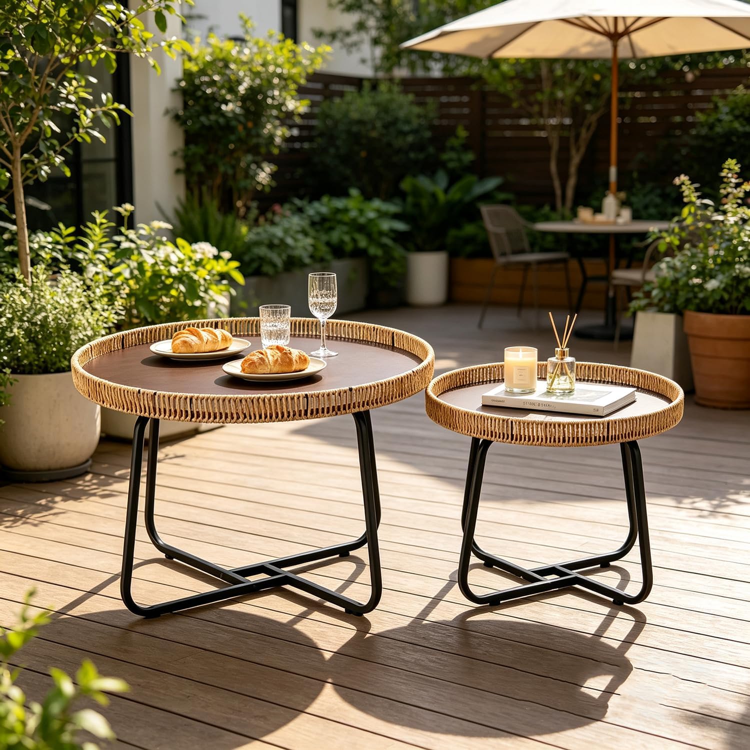Small Round Nesting Coffee Table Set of 2, Woven Nesting Side Tables with Metal Frame, Modern Circle End Tables for Living Room Bedroom Office Balcony Outdoor
