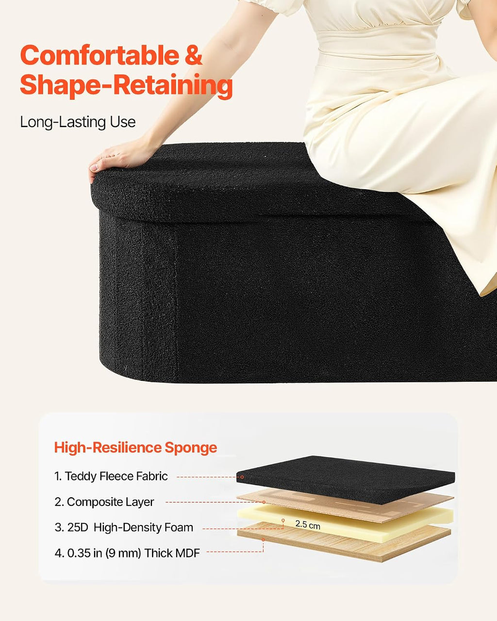 VEVOR Oval Storage Ottoman Bench, Foldable Teddy Fleece End of Bed Bench, Folding Upholstered Bed Ottoman Chest with Large Storage Space, Supports 660 lbs, for Living Room, Bedroom, Entryway, Black