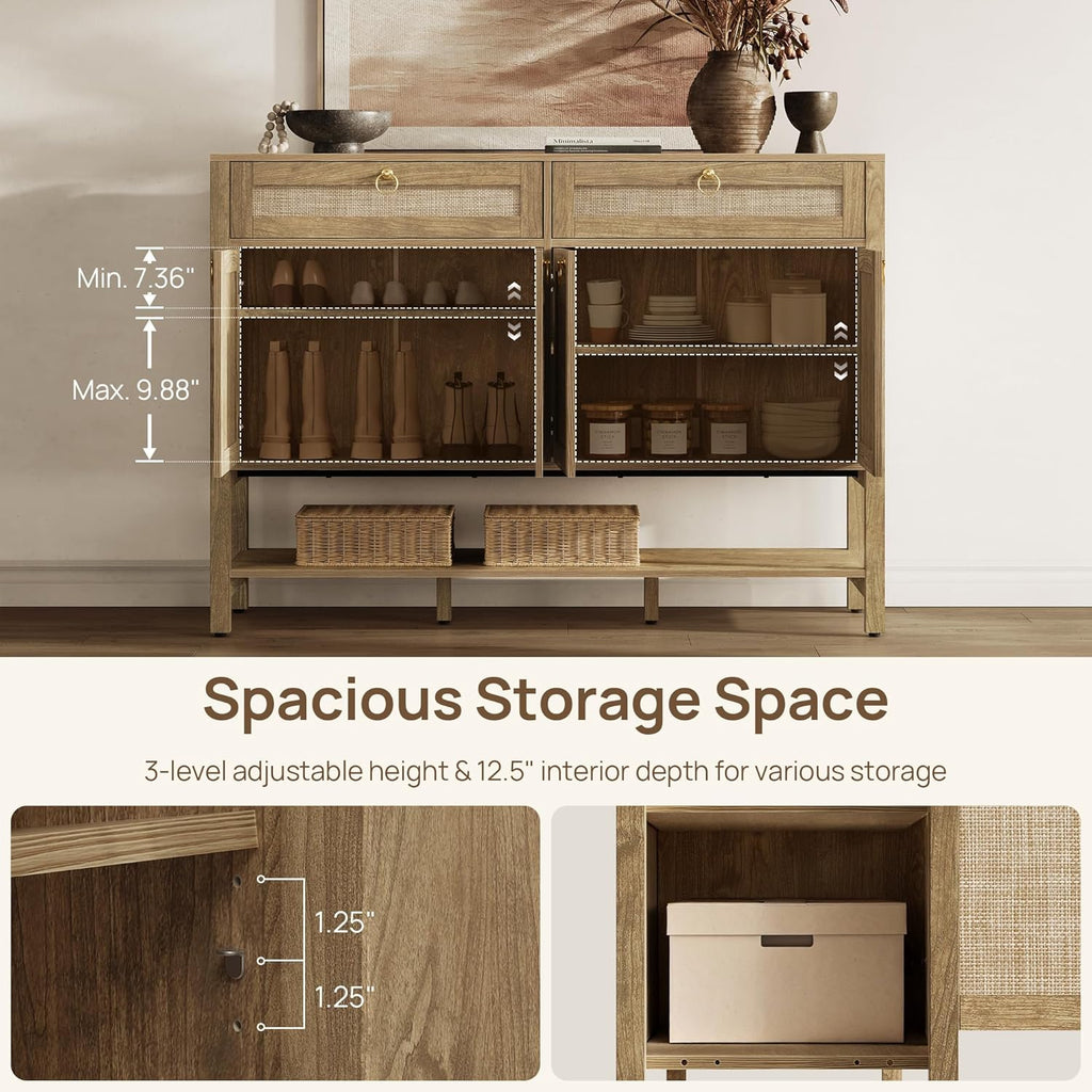 SICOTAS Rattan Sideboard Buffet Cabinet with Open Storage - Large Farmhouse Credenza with 4 Doors & 2 Drawers, Boho Coffee Bar Cabinets Buffet Console Table for Kitchen, Hallway