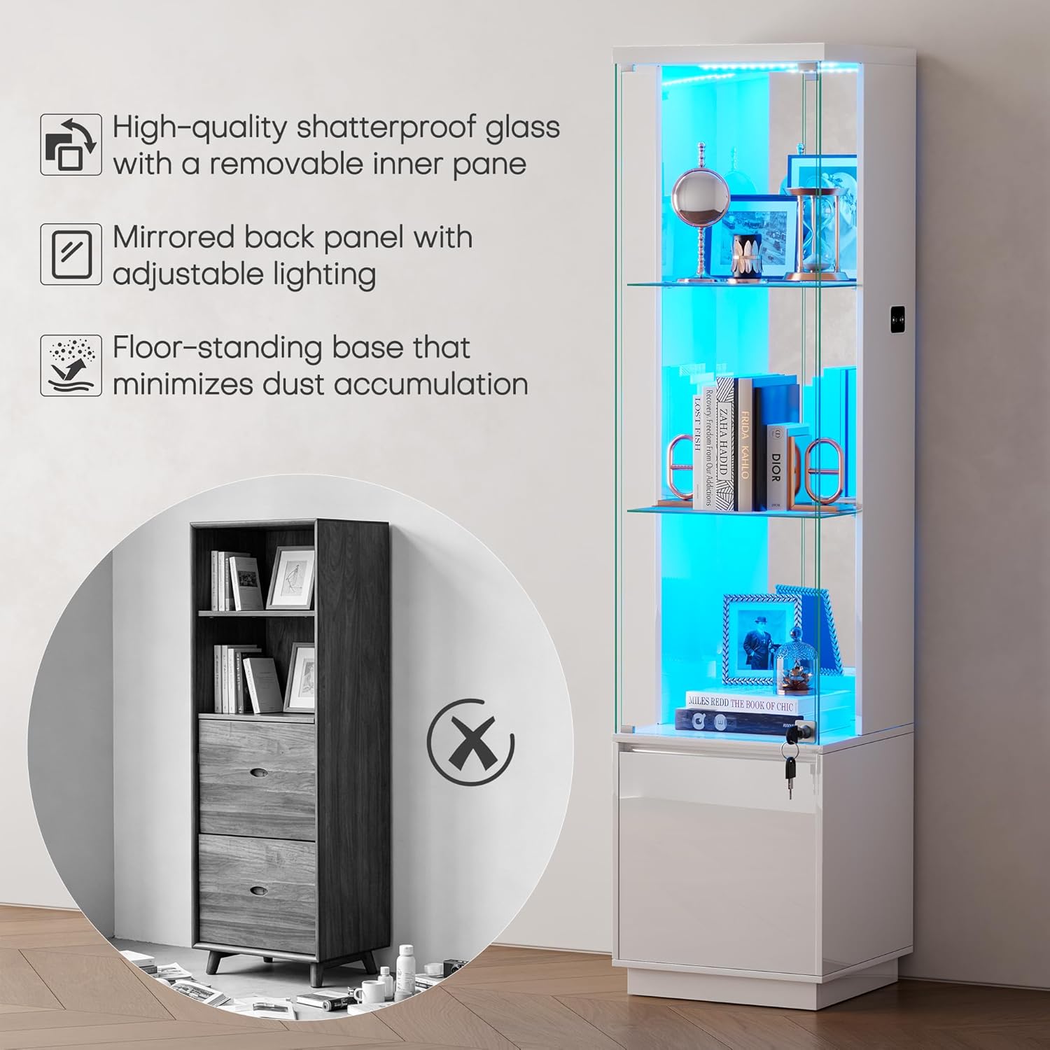 WOOVIVS 64.9" Glass Display Cabinet with Lock & 3-Color LED Lights, Tempered Glass Curio Cabinet with Mirror Back, Tall Display Shelf for Collectibles, Memorabilia (White)