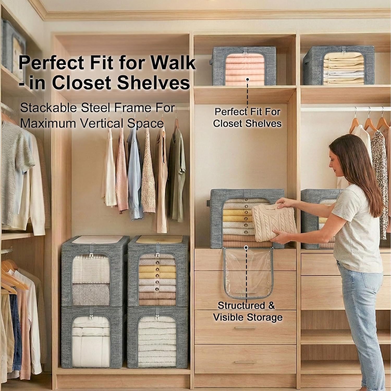 GoMaihe Clothes Storage Bins Metal Frame: 55L Extra Large Stackable Closet Storage Organizer with Lid & Clear Window, Heavy Duty Blanket Boxes for Winter Coats Comforters (Fits Deep Closet 4-Pack)