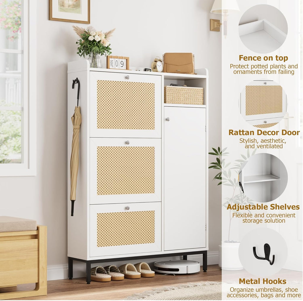 GarveeHome Shoe Cabinet Rattan with 3 Flip Drawers and 4-Tier Shoe Storage Cabinet, Freestanding Shoe Organizer with Adjustable Shelves for Entryway, Closet, Hallway (White)