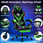 RGB Gaming Chair with LED Lights and Massage Ergonomic Computer Chair with Footrest High Back Video Game Chair with Adjustable Lumbar Support Linkage Armrest Green and Black