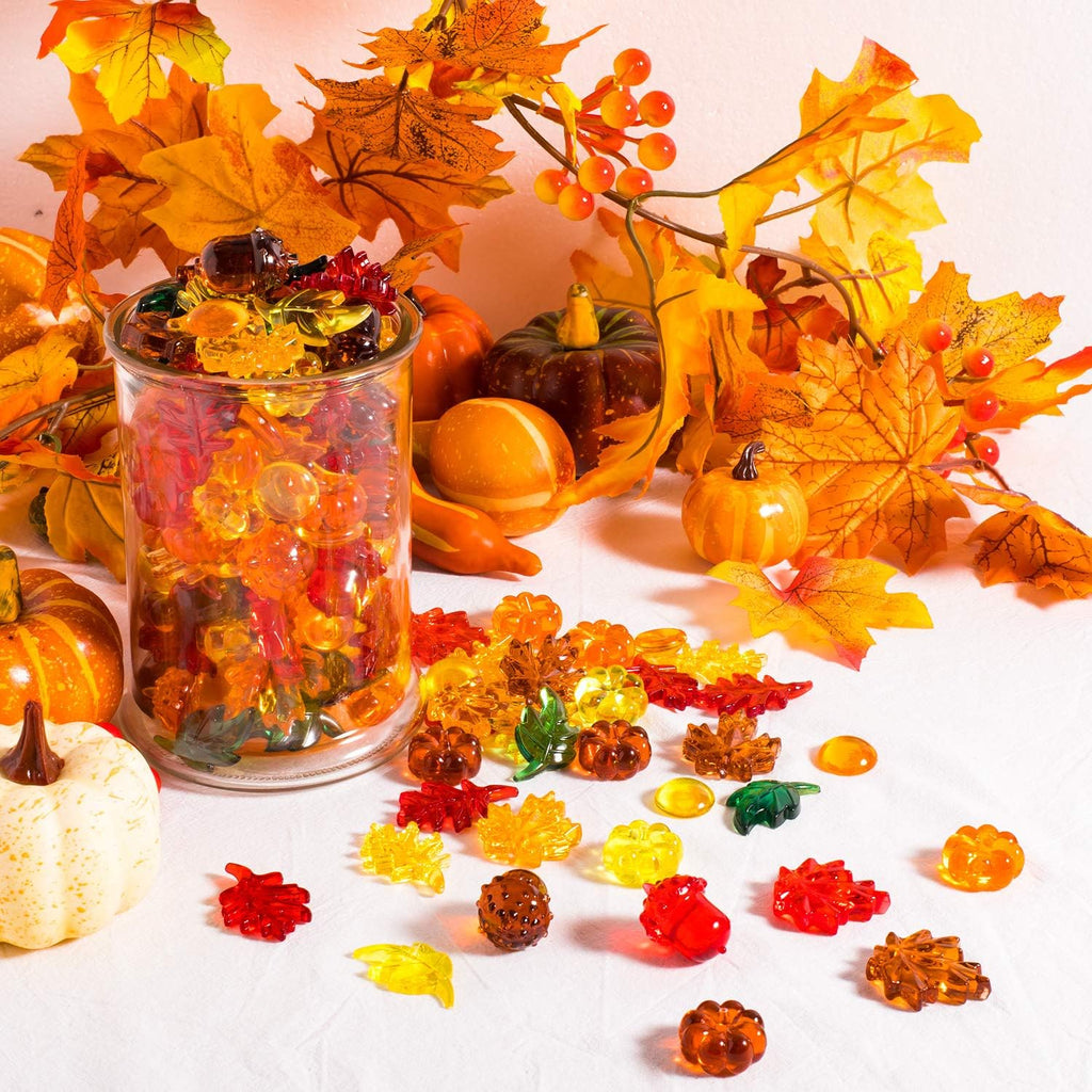 Whaline 220 Pcs Acrylic Fall Decorations, Mini Fall Leaves Pumpkin Marbles Pine Cones Autumn Table Scatter Vase Filler for Fall, Autumn and Thanksgiving Decor, Preschool Counting