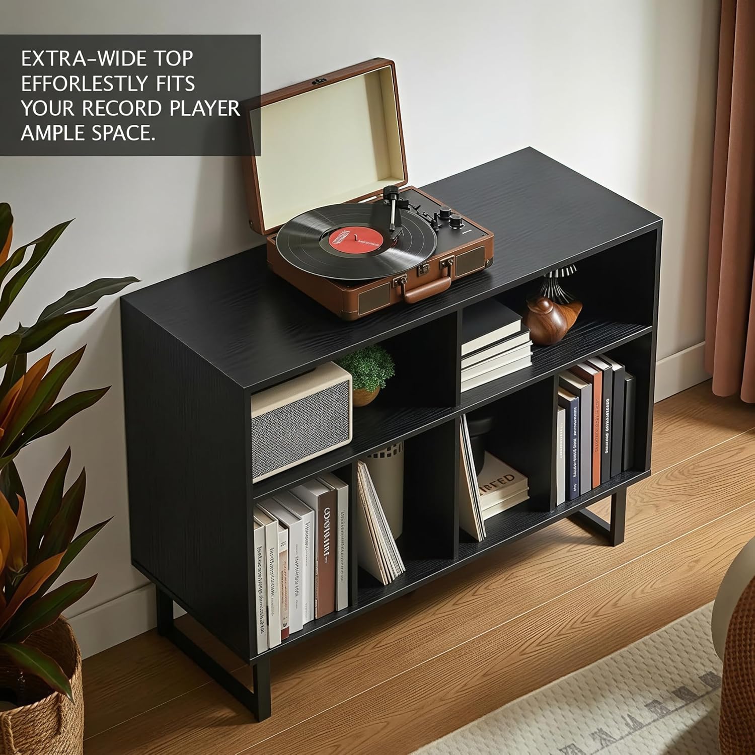 Large Record Player Stand with Storage 1000+ Albums, Mid Century Modern Turntable Stand Cabinet, Record Player Table Media Console TV Stand Bookshelf for Living Room, Black Walnut