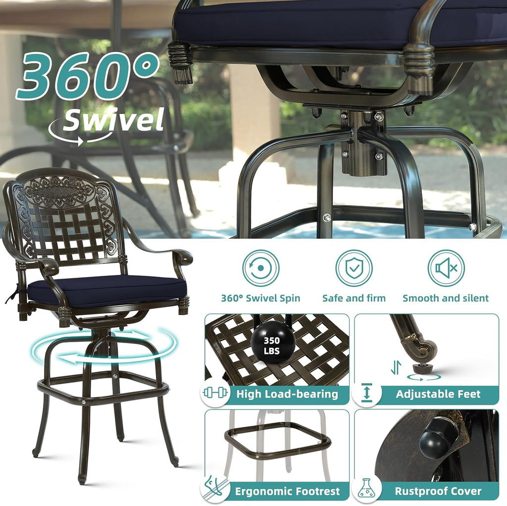 MEETWARM Outdoor Swivel Bar Stools Set of 2, All-Weather Cast Aluminum Bar Height Bistro Chairs with Footrest, High Back and Armrest, High Top Patio Bar Chairs with Cushion for Poolside Deck Backyard