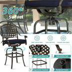 MEETWARM Outdoor Swivel Bar Stools Set of 2, All-Weather Cast Aluminum Bar Height Bistro Chairs with Footrest, High Back and Armrest, High Top Patio Bar Chairs with Cushion for Poolside Deck Backyard