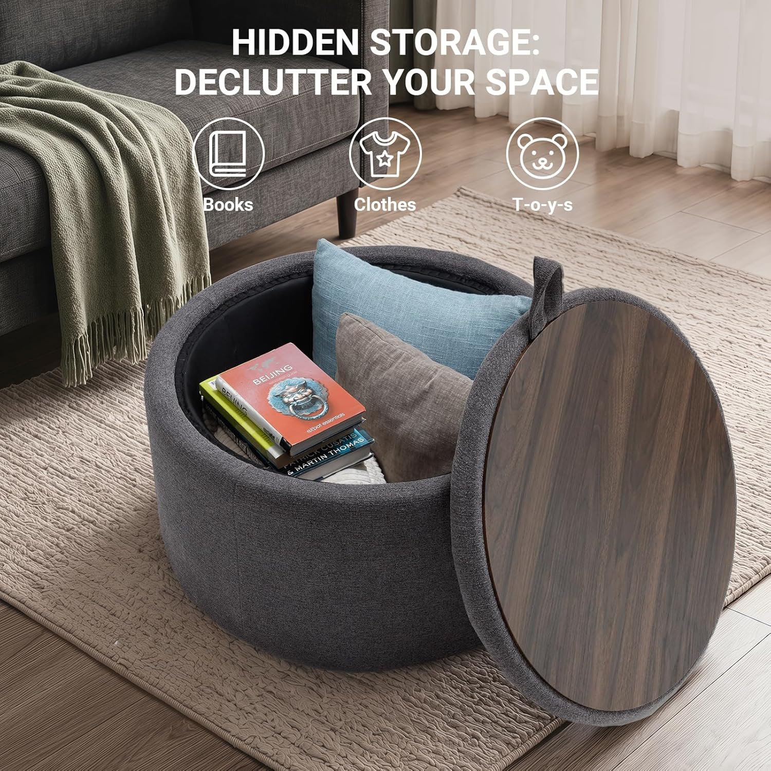 Tbfit Multi-Functional Round Storage Ottoman for Home - No-Assembly Footrest & Seat with Spacious Storage Plush Fabric Design for Living Room, Bedroom, Nursery (Dark Gray)
