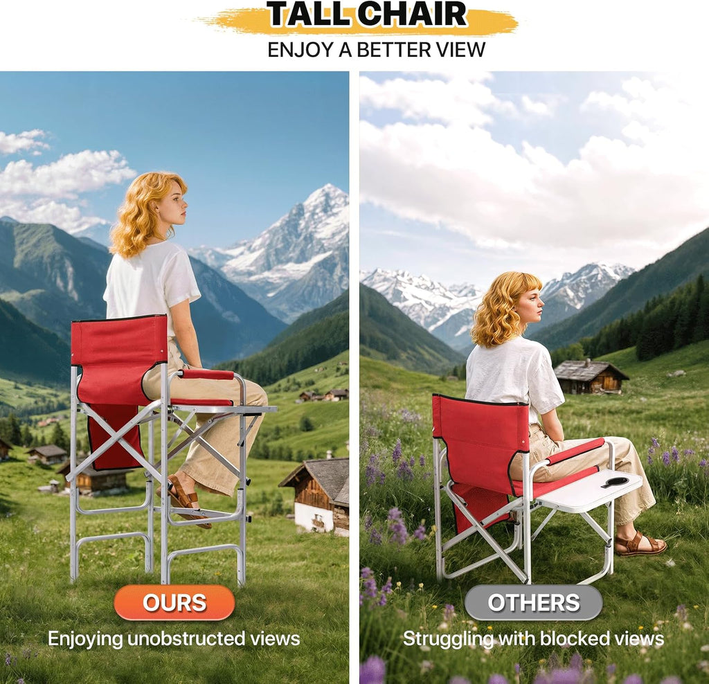 MoNiBloom 44.5" Foldable Tall Director Chair Folding Portable Aluminum Frame Makeup Artist Chair, with Side Table, Cup Holder and Pockets, 250lbs Capacity (Set of 2, Red)