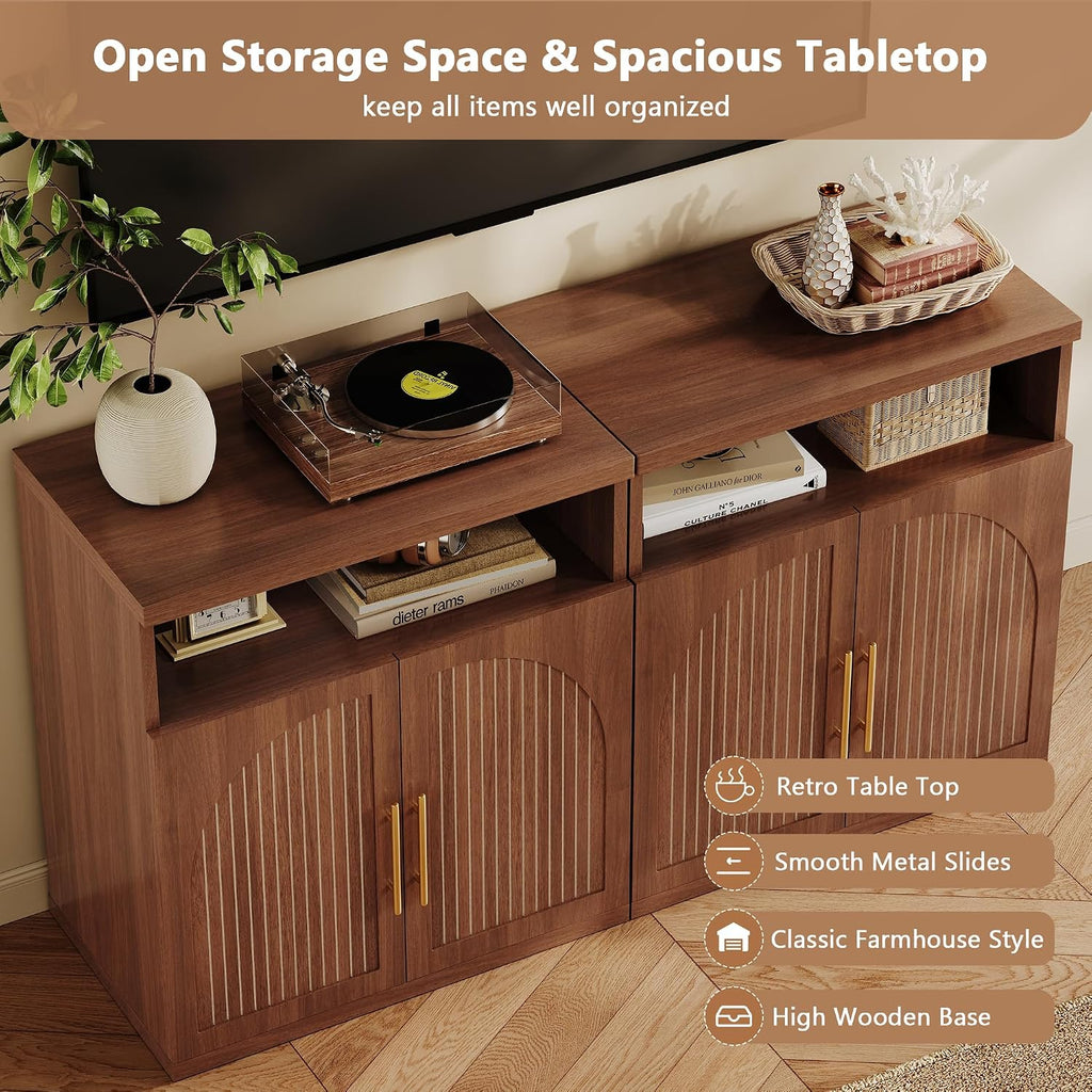 Fluted Buffet Cabinet with Storage, 31.5" Wide Wood Sideboard Credenza with Open Storage Shelf & Adjustable Shelves, Modern Kitchen Entryway Accent Table for Dining Room Living Room Hallway, Walnut