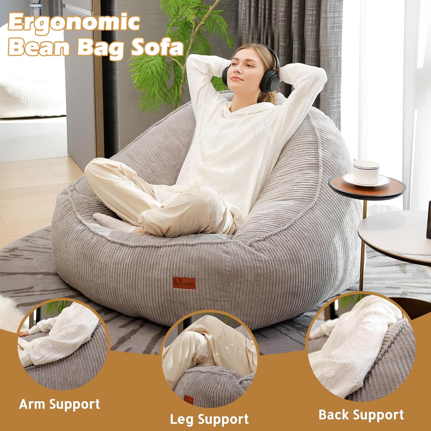 Giant Bean Bag Chair for Adults Teens and Kids, Cozy Fluffy Corduroy Beanbag Chair with Filler Large Floor Lounge Sofa for Living Room, Bedroom (L-Light Grey)