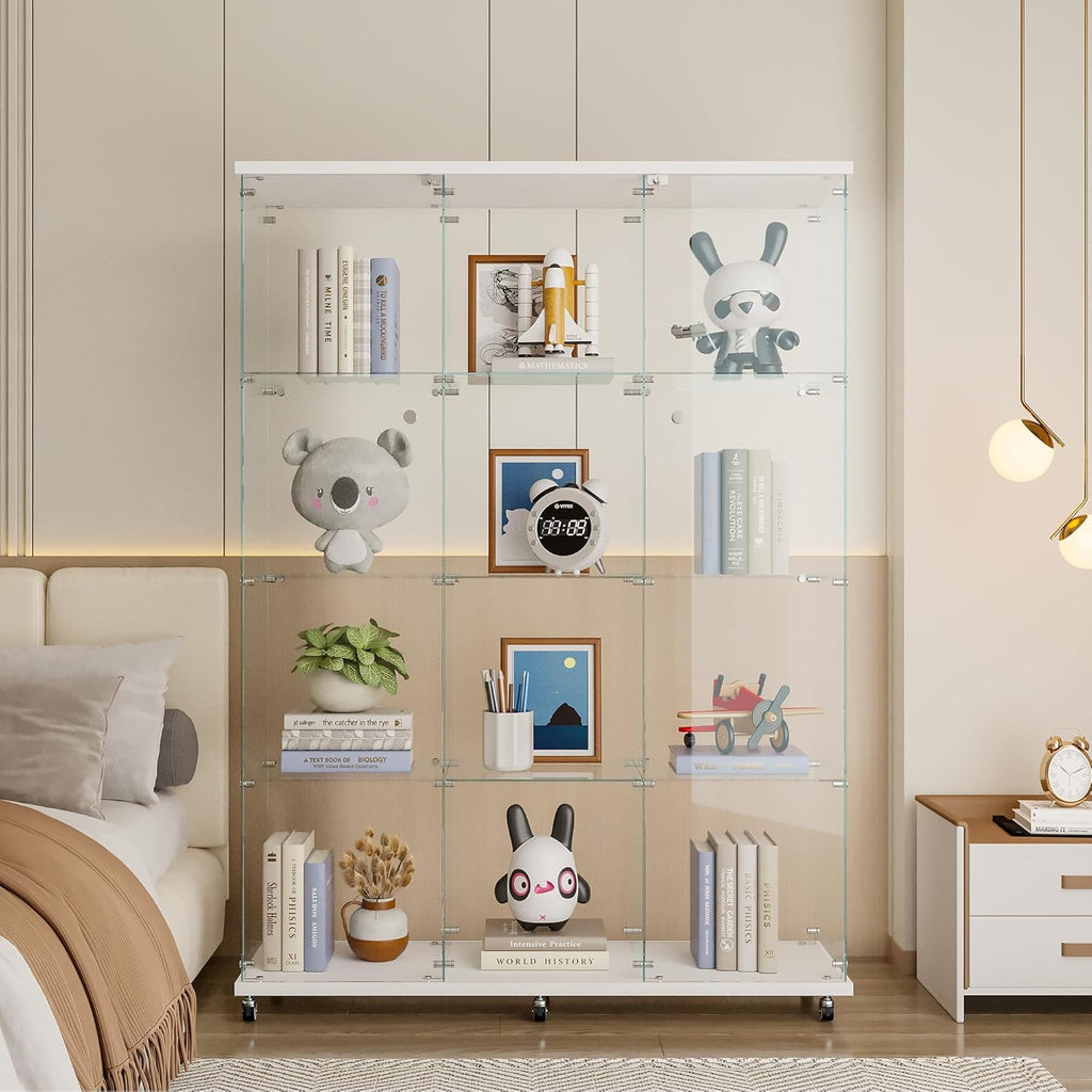 66.5" H 4-Shelf Extra Large Glass Display Cabinet with Double Doors,Modern Floor Standing Curio Cabinet Bookshelf Collection Display Case with Lockable Casters & Lock for Living Room (White)