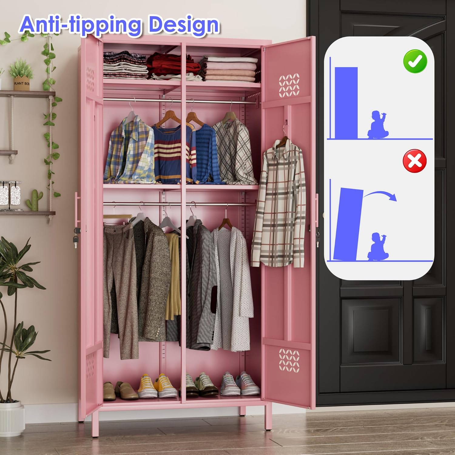 Aobabo Metal Wardrobe Closet with 2 Doors, 19" Deep Metal Wardrobe Cabinet with 4 Adjustable Shelves and 2 Hannging Rods, Storage Locker for Home, Pink, Assembly Required