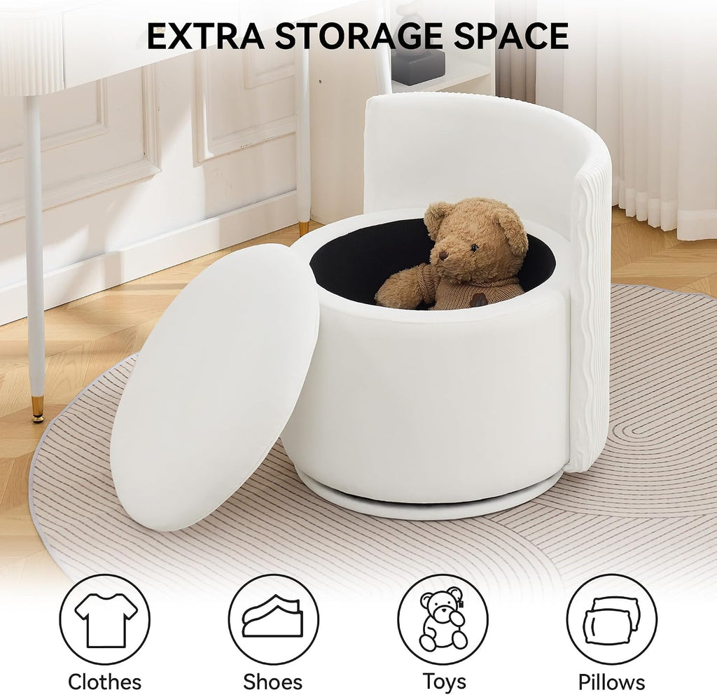 WUTUTUEE Large Velvet Vanity Chair with Storage, 360° Swivel Makeup Chair with Wave Back, No Assembly Small Accent Stool for Bedroom, Dressing, Living Room, White