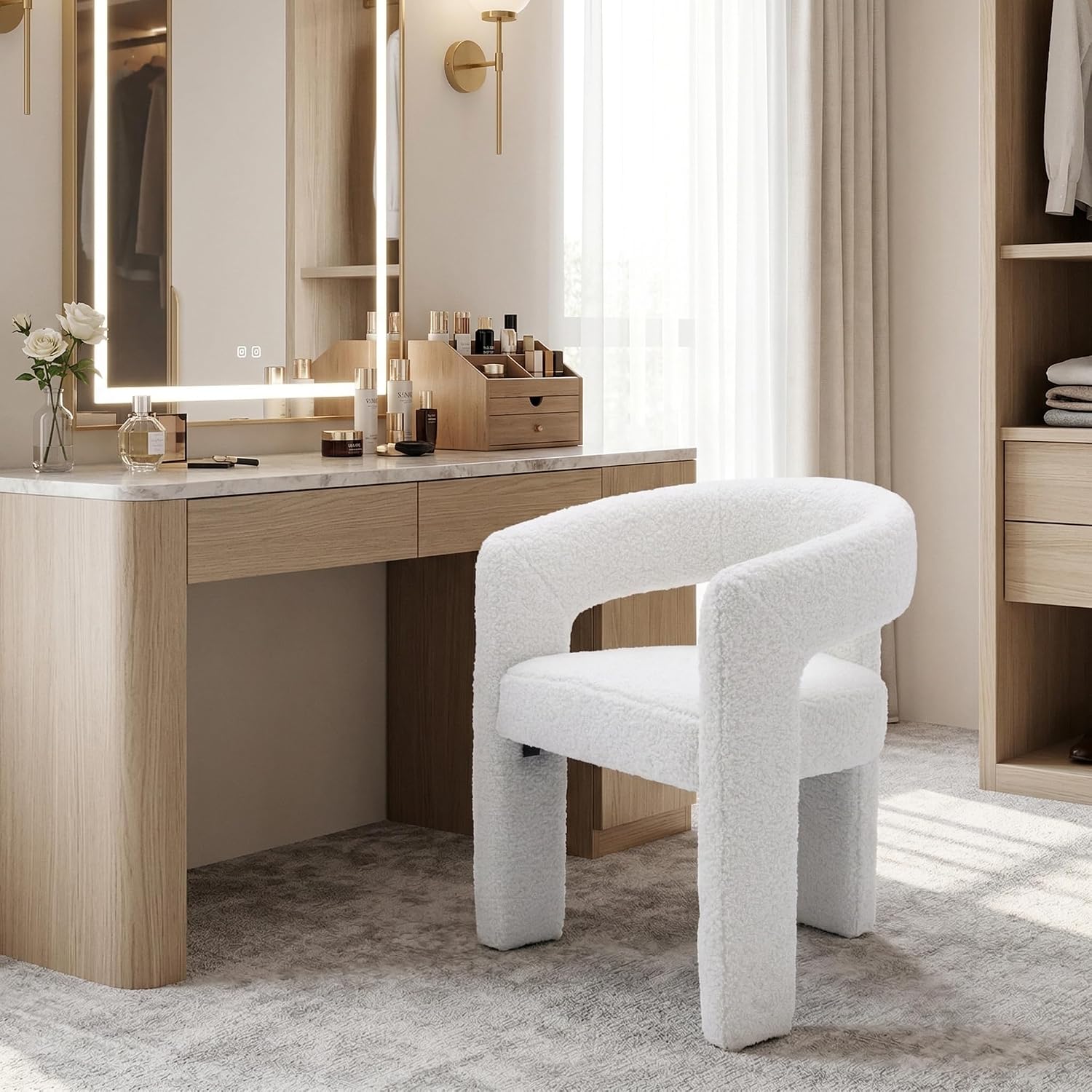 HNY Modern Barrel Kitchen & Dining Room Chair, Sherpa Upholstered Accent Chair with Arm, 18.5'' Wide Side Armchairs Vanity Chairs for Living Room Bedroom Makeup Small Spaces, White