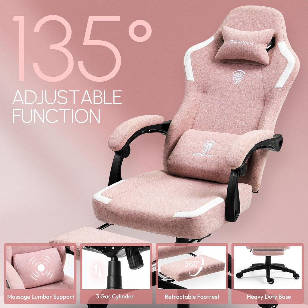 Dowinx Fabric Gaming Chair with Pocket Spring Cushion,Breathable Computer Chair with Massage Lumbar Support and Footrest,High Back Game Office Chair for Adult,Pink