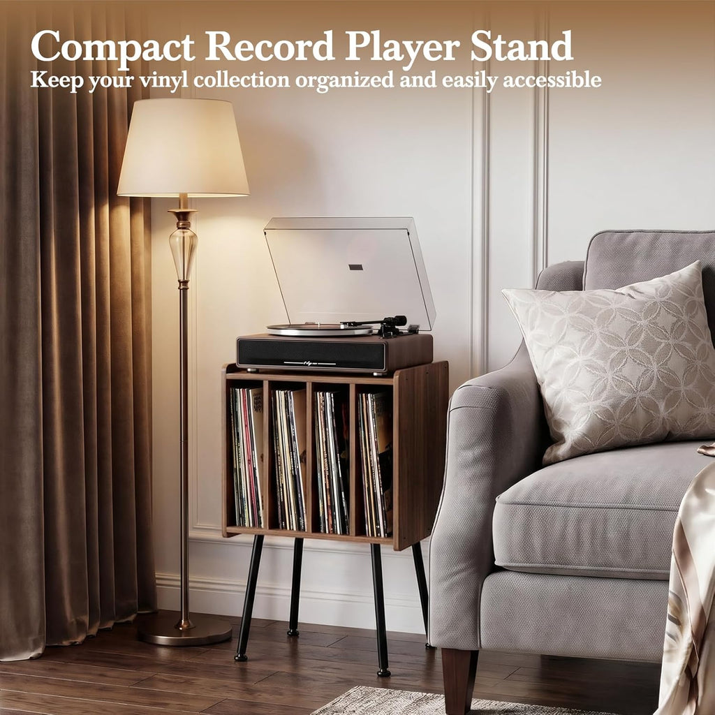 Faesun Record Player Stand, Record Table with 4 Cabinets Up to 100 Albums, Mid Century Modern Record Stand, Vinyl Record Storage for Living Room, Bedroom, Walnut