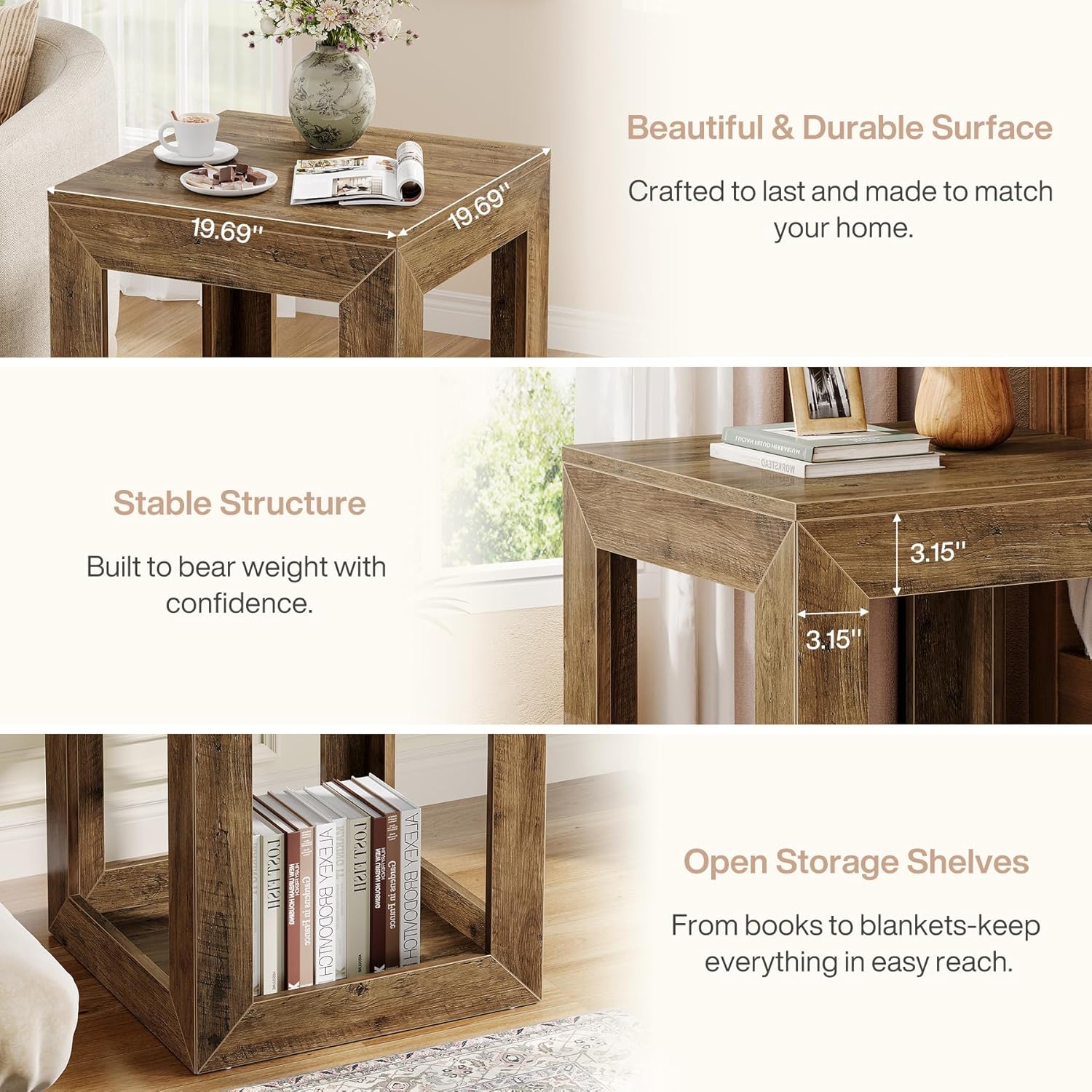 Tribesigns Farmhouse End Table, 20" Large Square Side Table with Storage Shelf, Rustic Wood Nightstand for Bedroom, Living Room, and Office, Easy Assembly (Rustic Brown, 1PC)