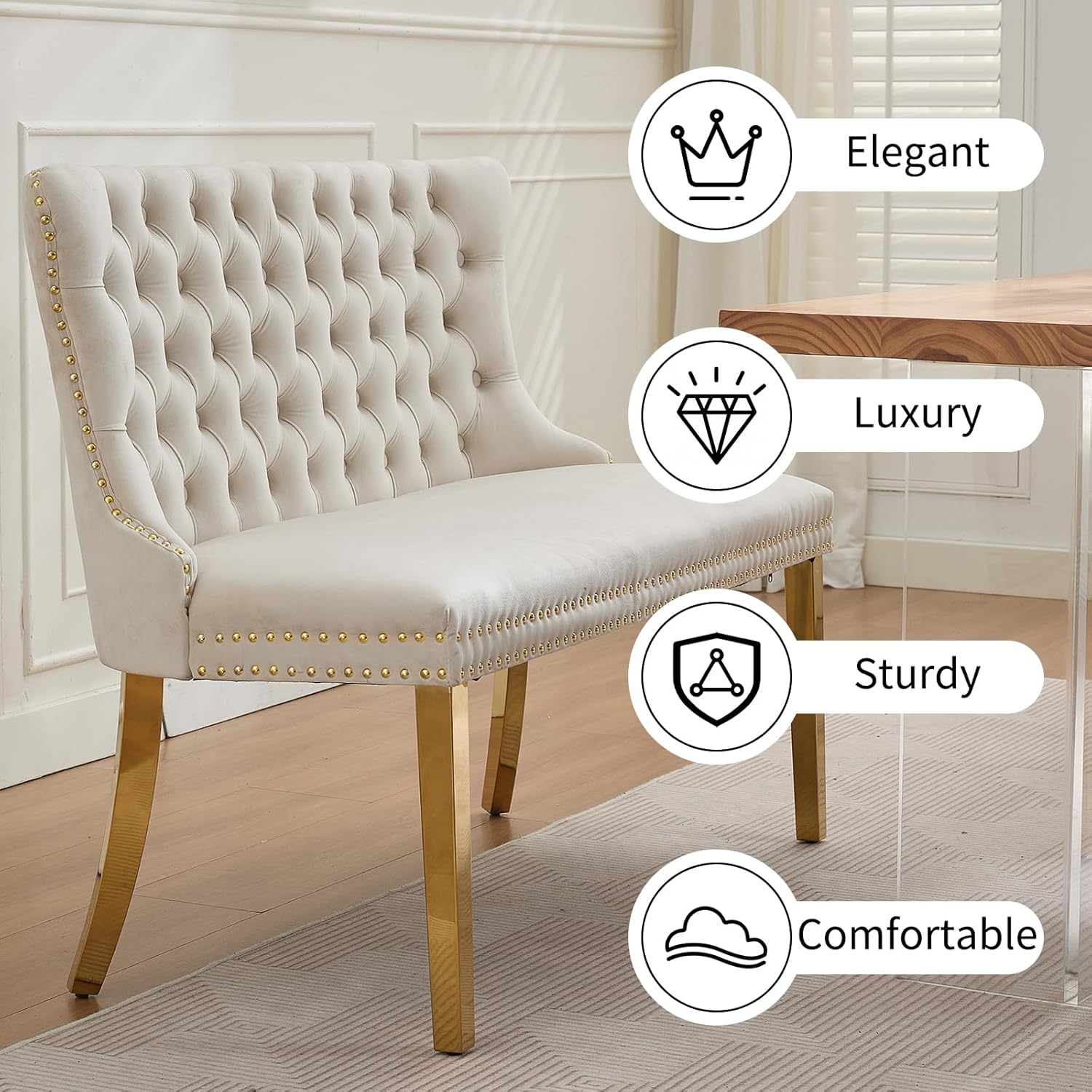 Shenyon Velvet Upholstered Dining Bench with Back, Tufted Loveseat Bench with Gold Stainless Steel Legs and Nailhead Trim, Banquette Seating for Dining Room, Kitchen, Entryway (Beige, Dining Bench)