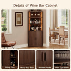 72" Tall Corner Bar Cabinet with LED Lights, Fluted Wine Bar Cabinet with Storage, Mid-century Modern Liquor Cabinets with Sliding Door & Wine Glass Holder, for Dining Room, Living Room Walnut