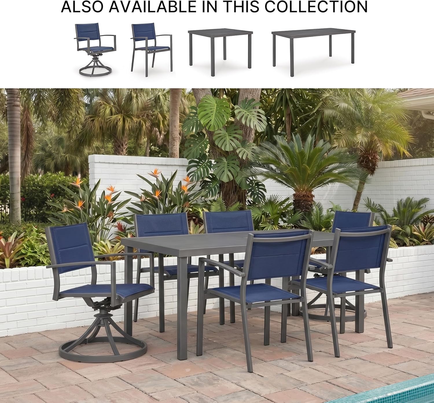 Signature Design By Ashley Point Bonita Swivel Outdoor Chair, 360-Degree Motion, Aluminum Frame with Padded Sling Seat for Patio Or Porch, All-Weather Gray/Blue, Set of 2