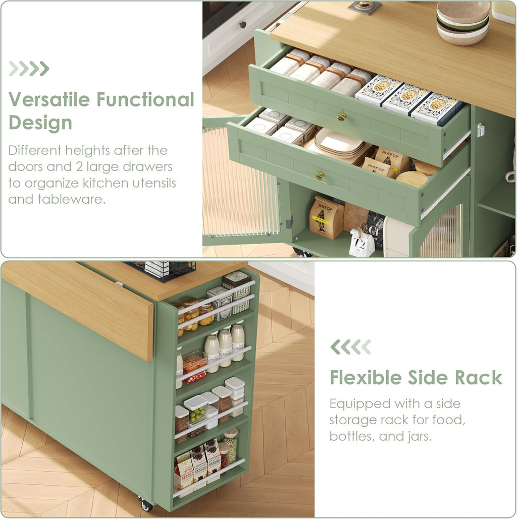 FINETONES Kitchen Island with Storage, Rolling Kitchen Island on Wheels with Wood Drop Leaf Countertop, Island Table Bar Cart with Spice Towel Rack Portable Kitchen Table Kitchen Carts on Wheels