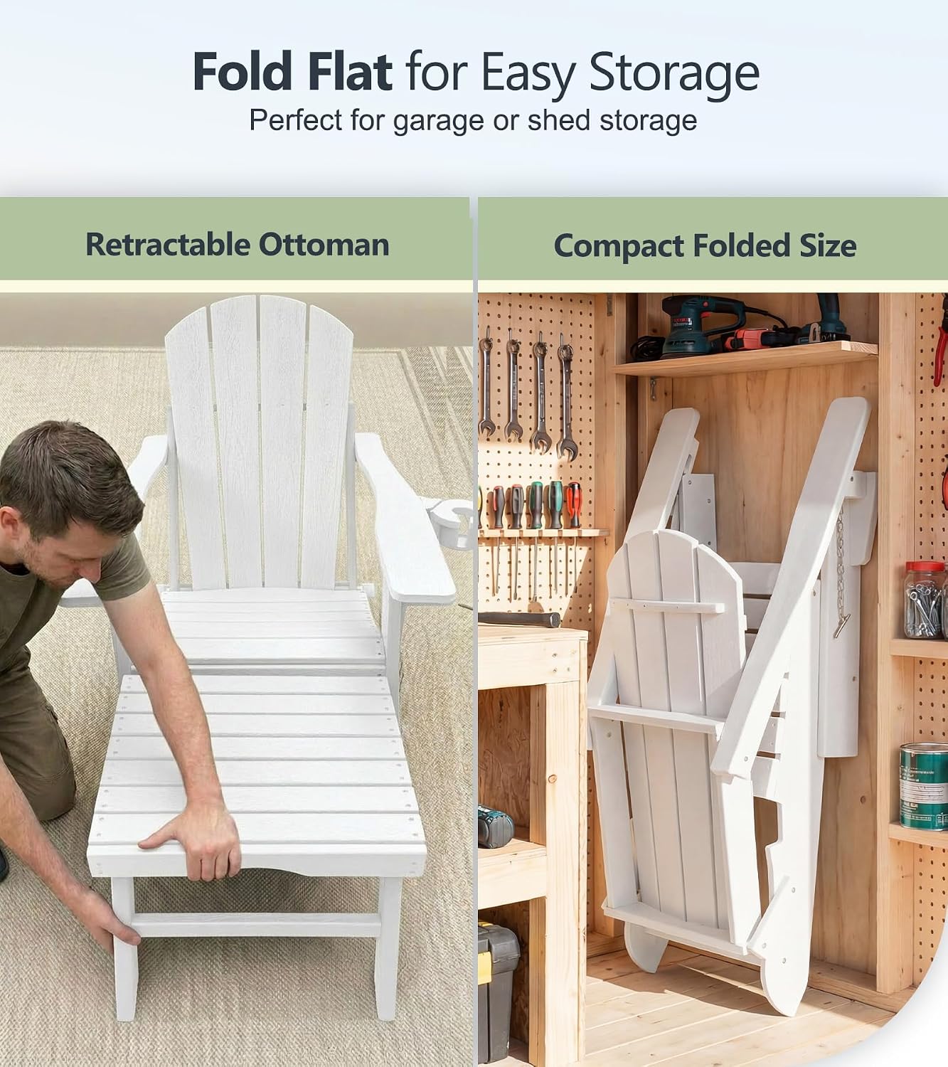 PASAMIC Folding Adirondack Chairs Set of 2 with Retractable Ottoman, 5-Position Adjustable Backrest, HDPE All-Weather Fire Pit Chairs with 2 Hidden Cup Holders, Wood-Look Outdoor Chairs, White
