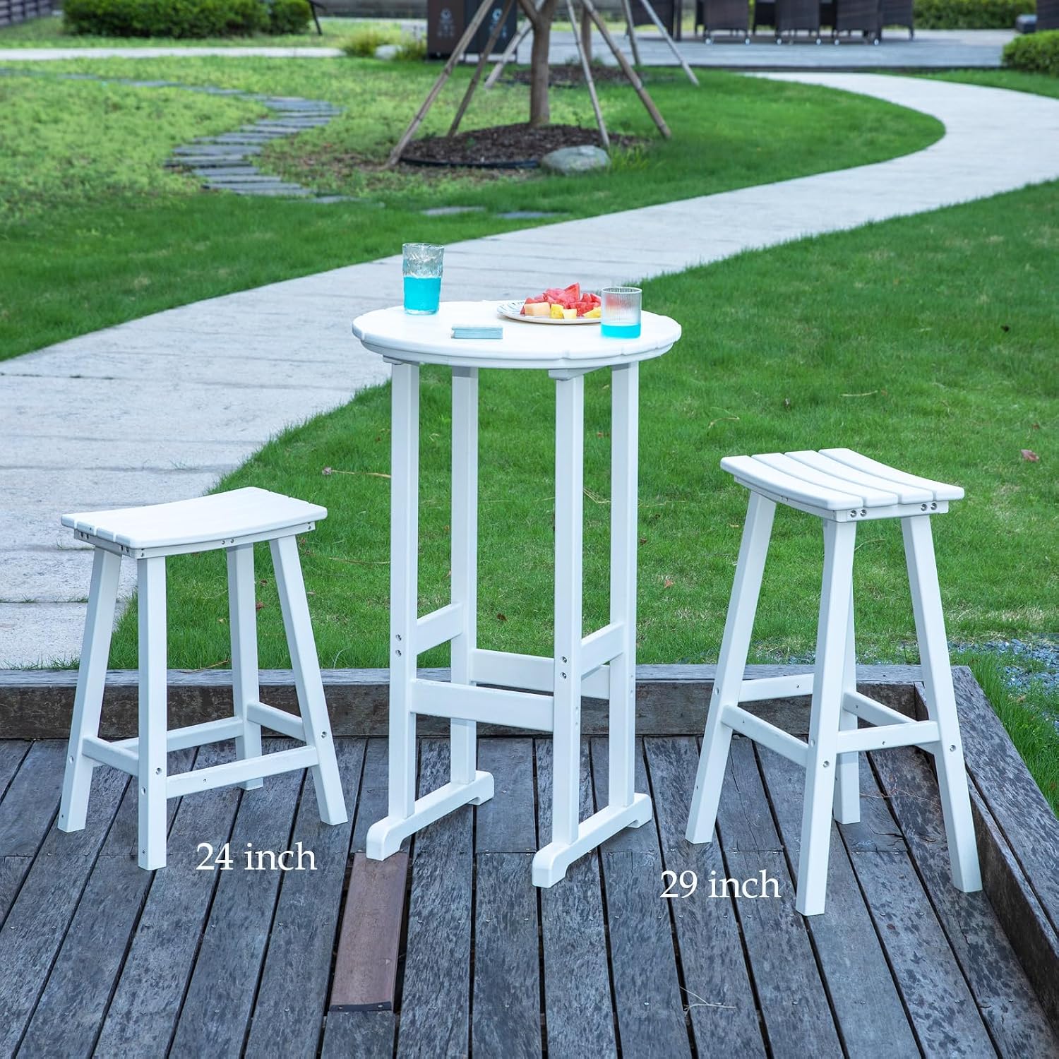 nalone 29 Inch Outdoor Bar Stools Set of 2, HDPE Bar Chairs with Footrest, Weather Resistant Barstools Outside Counter Height Stools for Patio Yard (White, 29'' Barstools Set of 2)