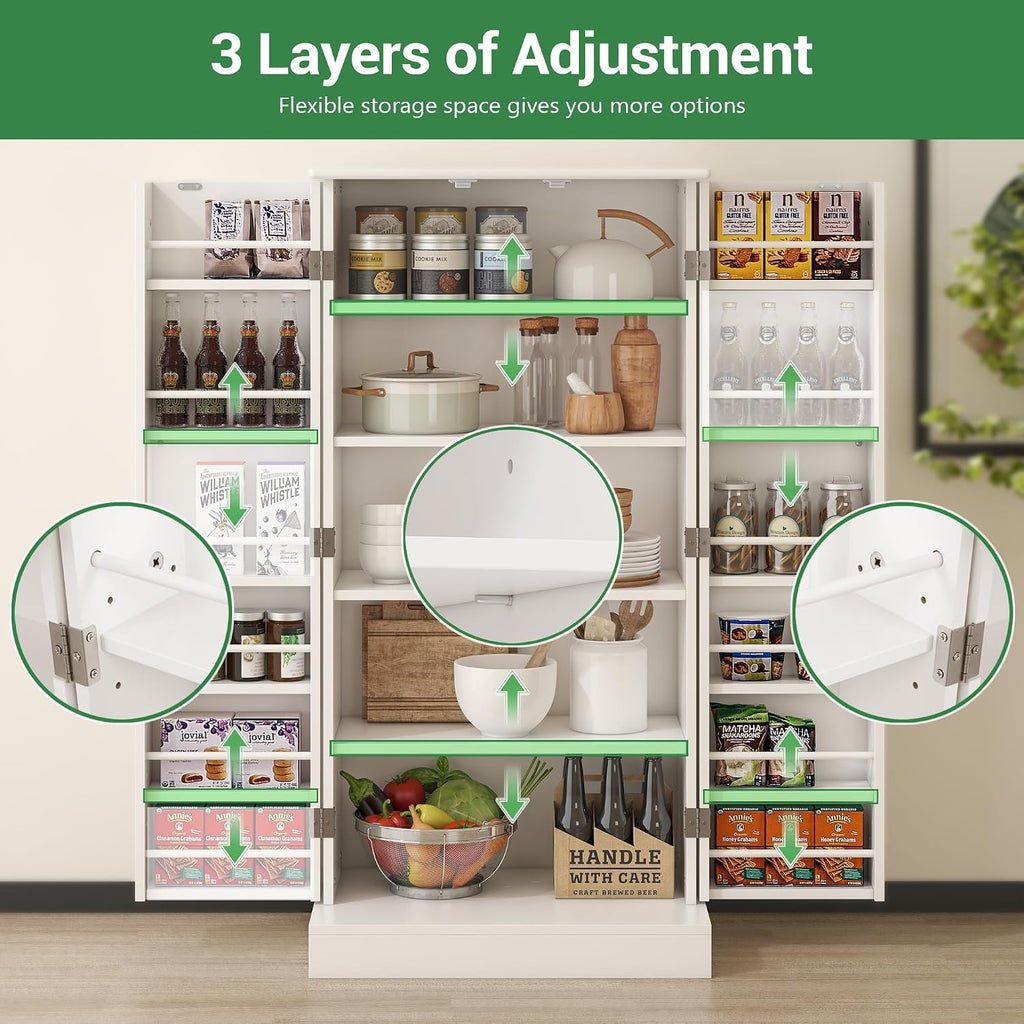 kepptory Kitchen Pantry Cabinet 47" H, Farmhouse Storage Cabinet with Adjustable Shelves and Drawer, Buffet Cupboards Sideboard for Kitchen, Dining Room, Living Room (White, 16" D x 24" W x 47" H)
