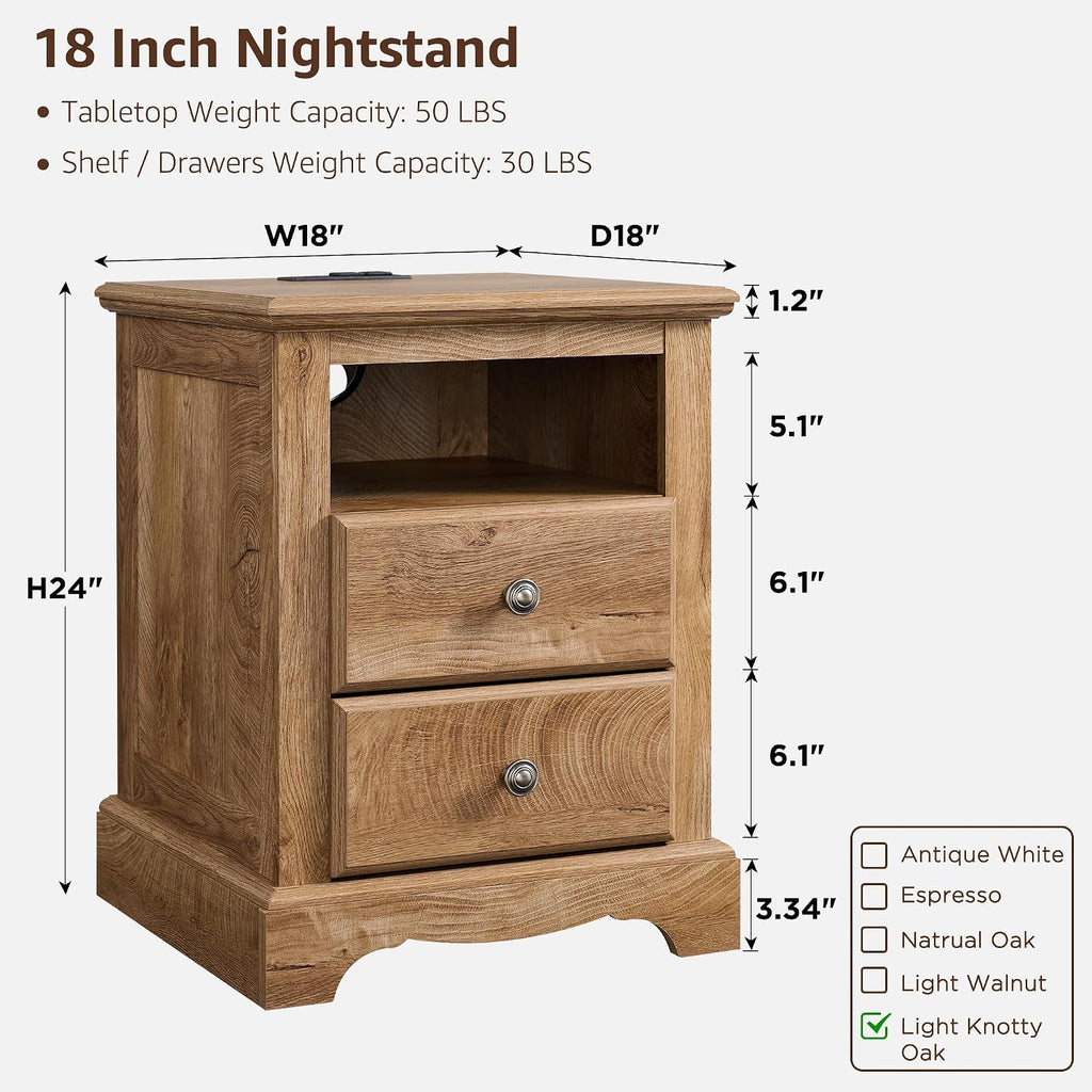 T4TREAM 18" Vintage Nightstand with Charging Station, Light Knotty Oak | Rustic 2 Drawers & Open Storage Shelf Wood Rustic Sofa Side Table