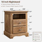 T4TREAM 18" Vintage Nightstand with Charging Station, Light Knotty Oak | Rustic 2 Drawers & Open Storage Shelf Wood Rustic Sofa Side Table