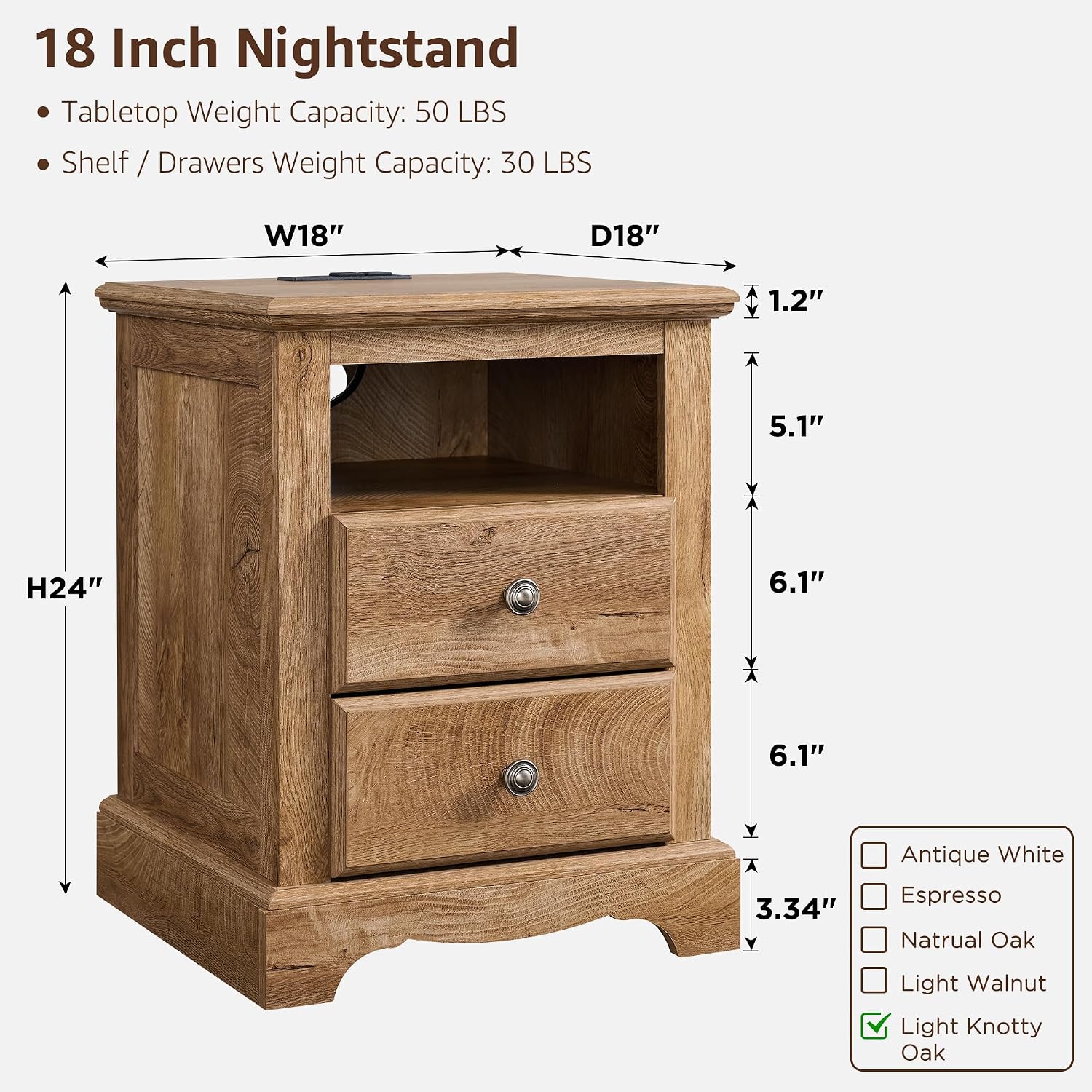 T4TREAM 18" Vintage Nightstand with Charging Station, Light Knotty Oak | Rustic 2 Drawers & Open Storage Shelf Wood Rustic Sofa Side Table