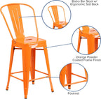 EMMA + OLIVER Commercial Grade 24" H Orange Metal Indoor-Outdoor Counter Height Stool w/Back