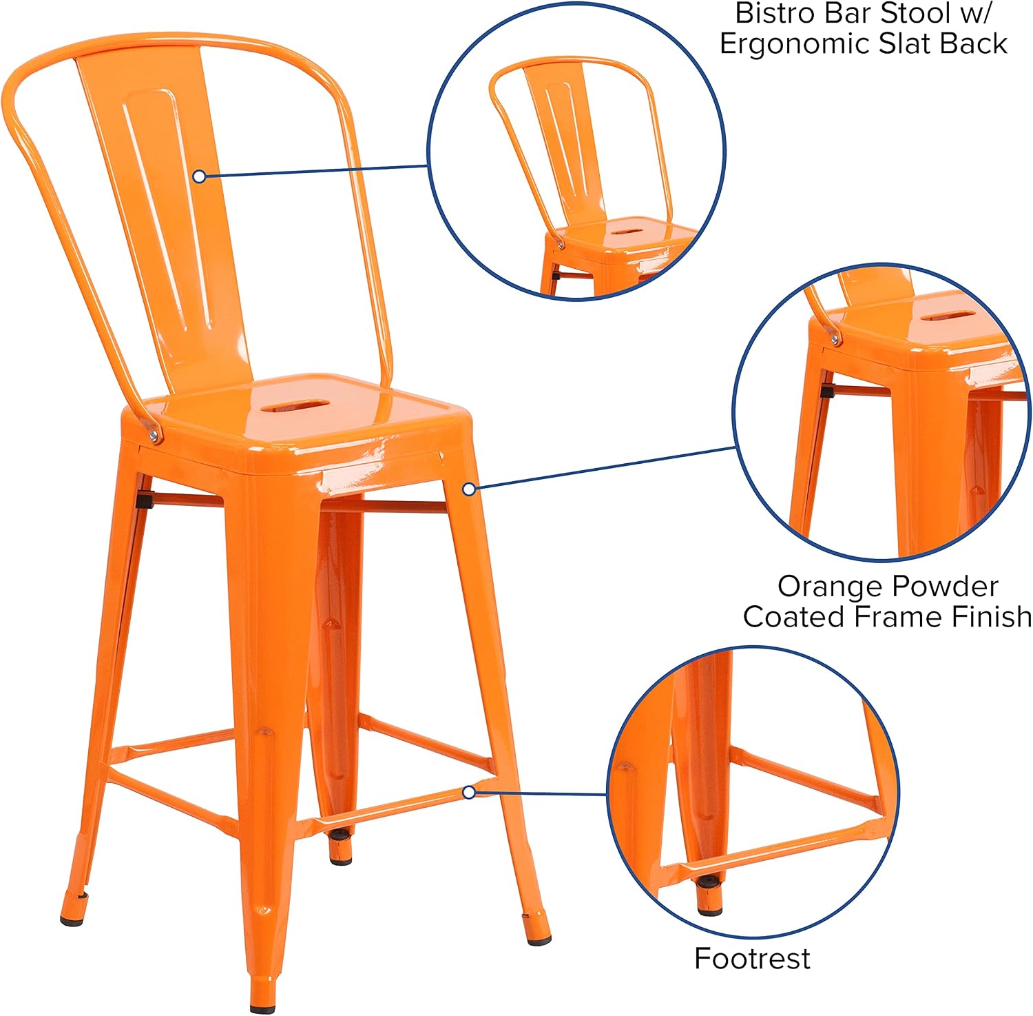 EMMA + OLIVER Commercial Grade 24" H Orange Metal Indoor-Outdoor Counter Height Stool w/Back