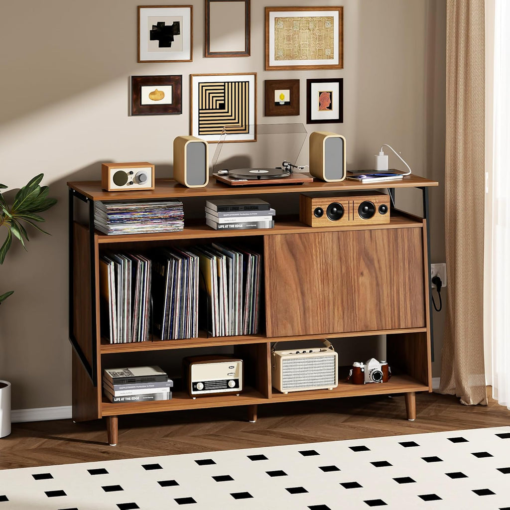 Large Record Player Stand with Charging Station, Vinyl Record Stand with Storage Holds Up to 150 Albums, Record Player Table Cabinet Turntable Stand for Living Room, Bedroom (Walnut)