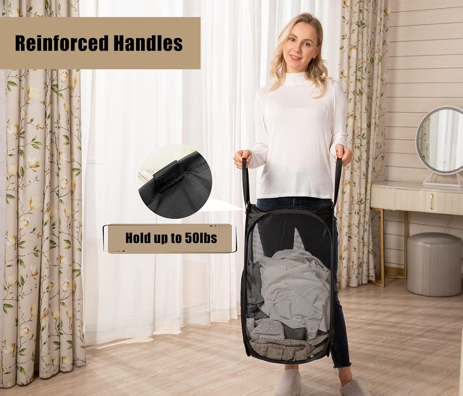2 Pcs Strong Mesh Pop up Laundry Hamper,House Again Collapsible Laundry Basket with Durable Handles Solid Bottom High Carbon Steel Frame, Space-Saving, Easy to Open and Fold Flat for Storage(Black)