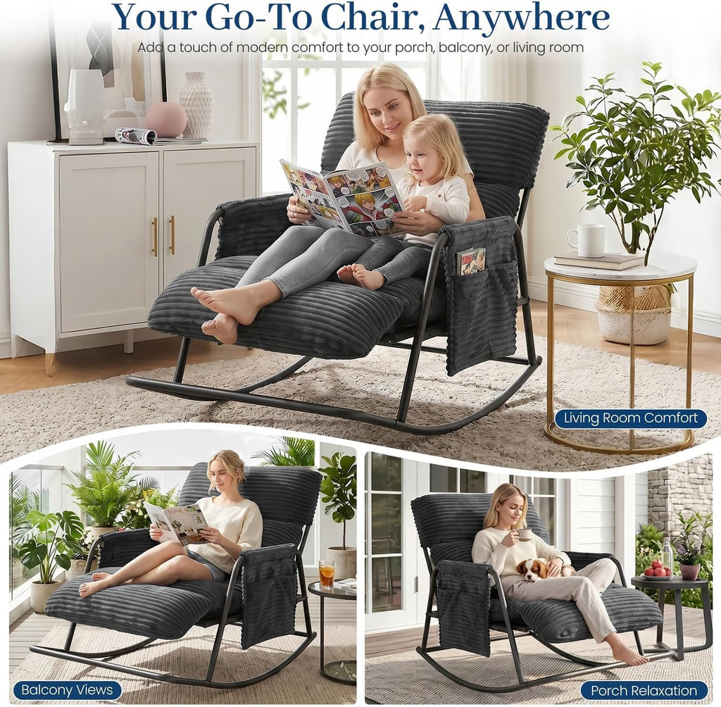 Oversized Outdoor Rocking Chair with Corduroy Cushions, 3-Level Adjustable Metal Patio Rocker with Footrest, Comfy Modern Lounge Chair for Porch, Balcony, Indoor (Gray)