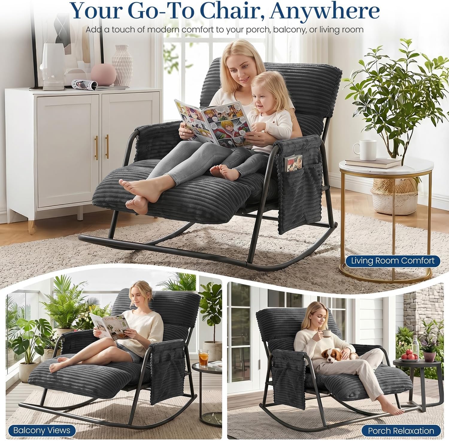 Oversized Outdoor Rocking Chair with Corduroy Cushions, 3-Level Adjustable Metal Patio Rocker with Footrest, Comfy Modern Lounge Chair for Porch, Balcony, Indoor (Gray)