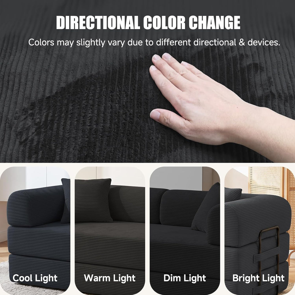 79" Compressed Sofa, Convertible Sofa Bed, Corduroy Compression Boneless Couch with Pillow, Comfy Modular Foldable Floor Sleeper Sofa for Bedroom, Living Room, Lounge, Studio (Black)