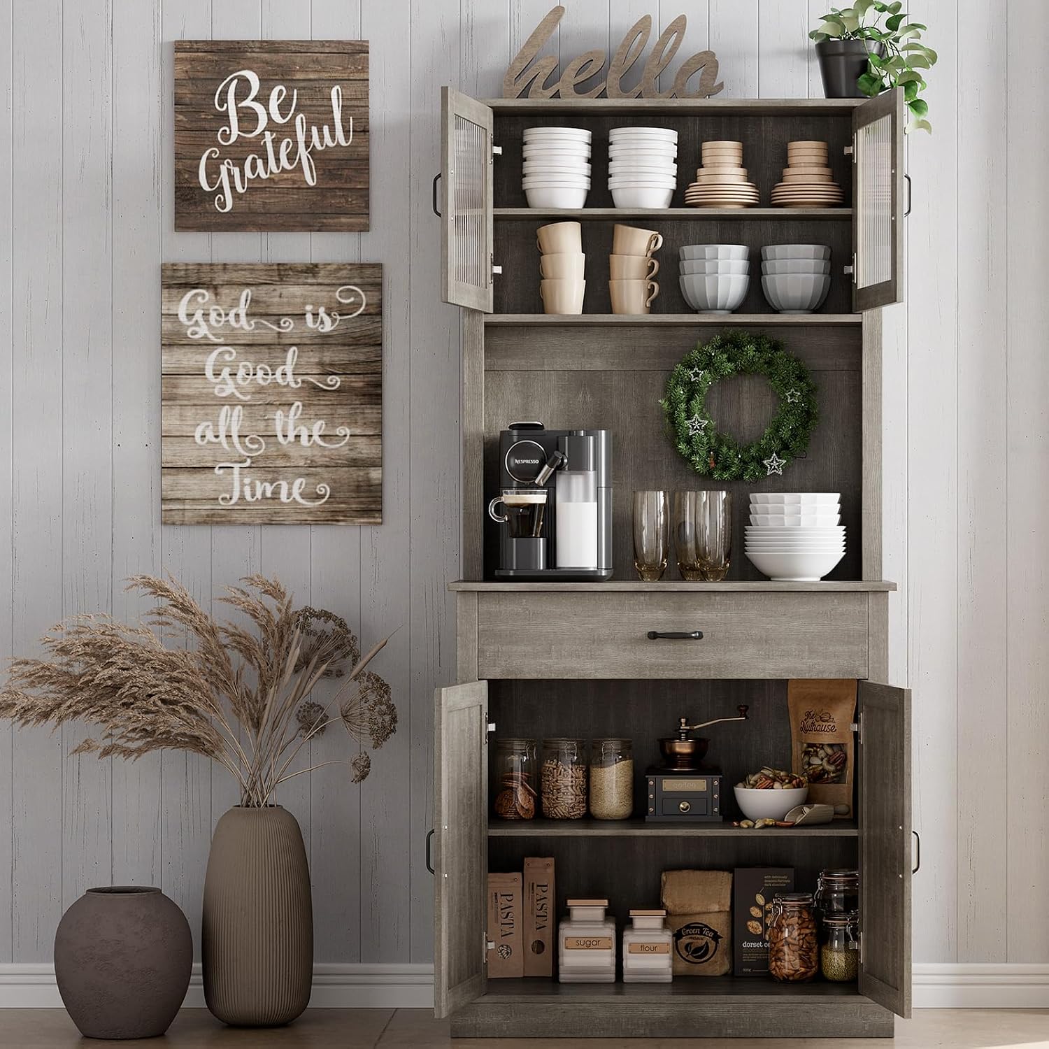Farmhouse Pantry Cabinet, 71" Tall Kitchen Hutch Cabinets with Storage Drawer, Open Countertop, Glass Doors, Adjustable Shelves, Cable Hole for Dining Room, Living Room, Ash Grey