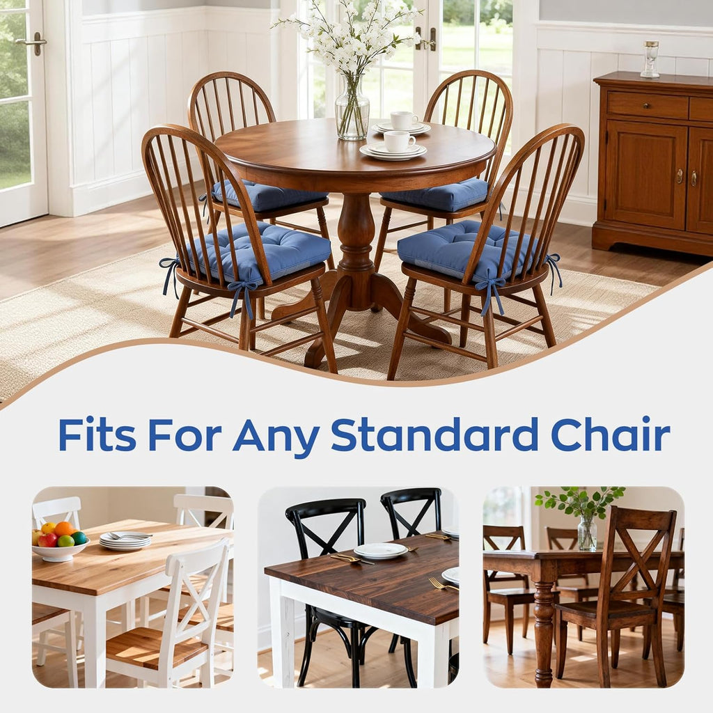 Chair Cushions for Dining Chairs Set of 2 Non Slip Cushions for Kitchen Chairs 4" Thick Seat Cushions 2 Pack Waterproof Chair Pads for Dining Room Indoor with Ties 16.5"x16.5" Tufted Memory Foam Blue