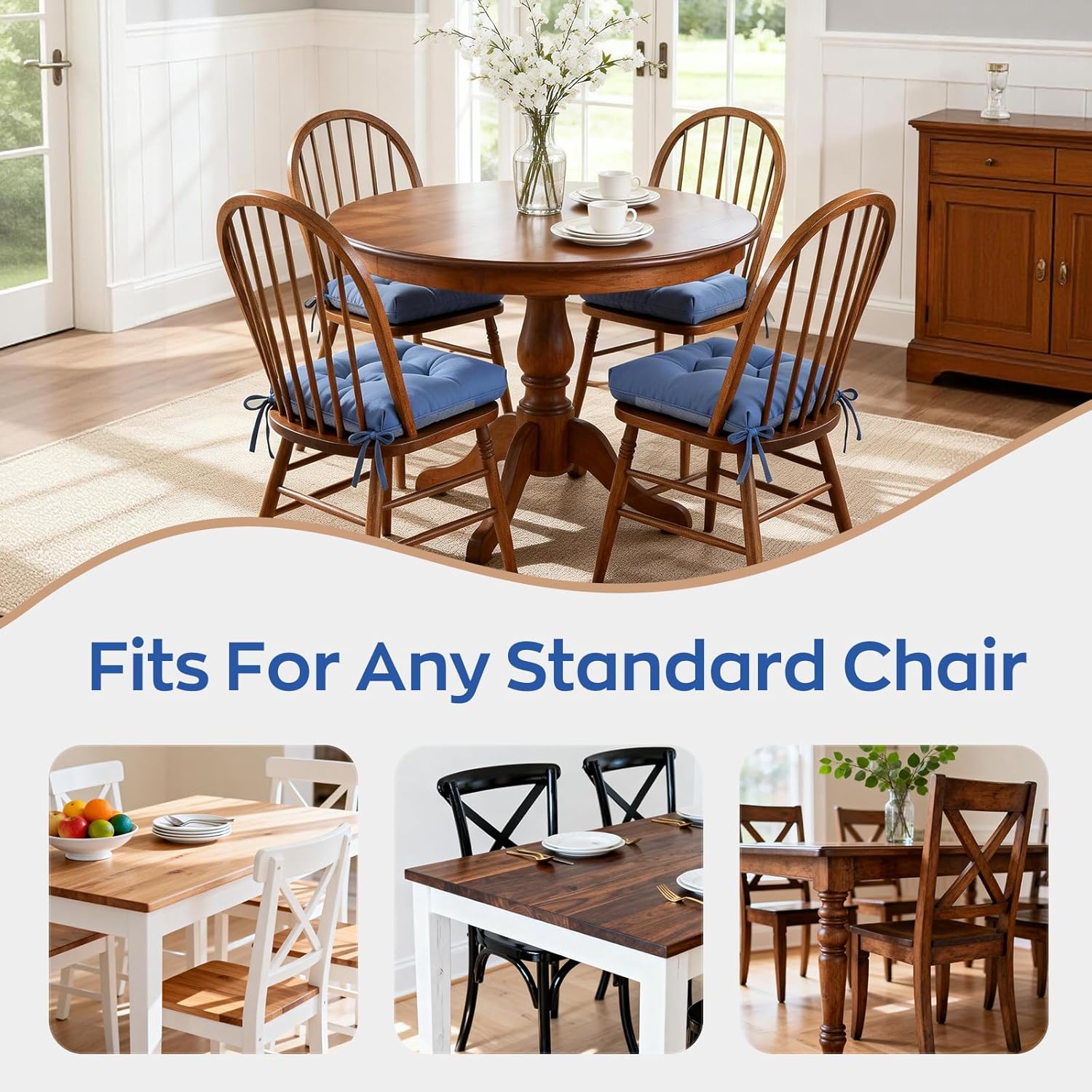 Chair Cushions for Dining Chairs Set of 2 Non Slip Cushions for Kitchen Chairs 4" Thick Seat Cushions 2 Pack Waterproof Chair Pads for Dining Room Indoor with Ties 16.5"x16.5" Tufted Memory Foam Blue