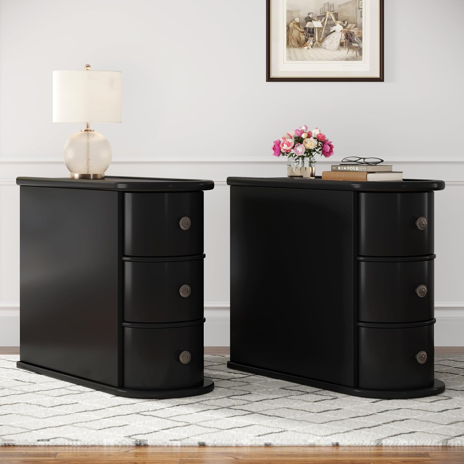 Wood End Table with 3 Drawers, No Assembly Required Narrow Sofa Side Table for Living Room, Vintage Slim Nightstand Bedside Table Bedroom (3 Drawers, Black, 2 Pcs)